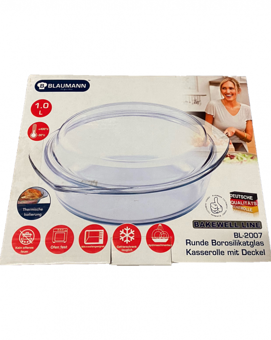 Round borosilicate glass pan with lid 1 liter